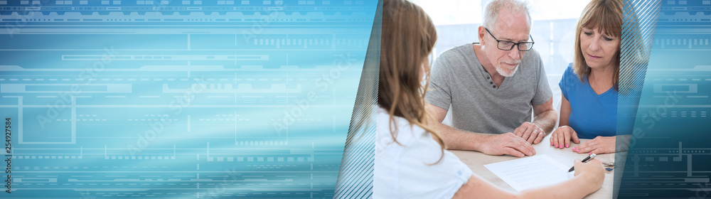 Senior couple meeting financial adviser. panoramic banner Senior couple meeting financial adviser. panoramic banner