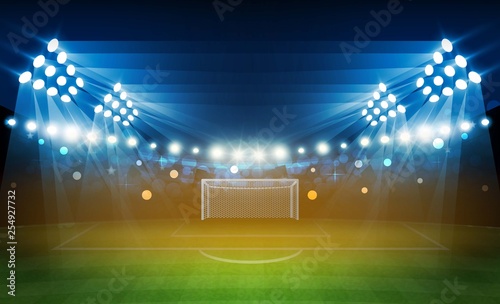 Football arena field with bright stadium lights vector design and information scoreboard. Vector illumination
