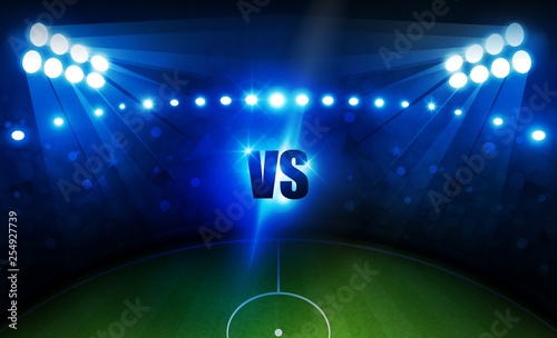 Football arena field with bright stadium lights vector design and information scoreboard. Vector illumination