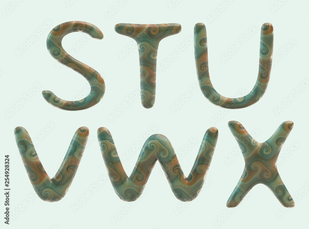 3D Illustration of Decorative Ceramic Letters and Numbers with Sea Wave Pattern 3D Illustration of Decorative Ceramic Letters and Numbers with Sea Wave Pattern