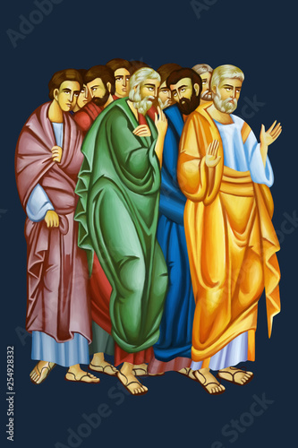 Apostles, part of the illustration Post-Resurrection appearances of Jesus. Fresco in Byzantine style