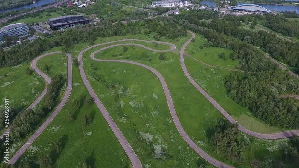 View Moscow, Krylatsky Hills, cycle track, Krylatskaya cycle road led from the drone Olympic cycle track rowing canal View Moscow, Krylatsky Hills, cycle track, Krylatskaya cycle road led from the drone Olympic cycle track rowing canal