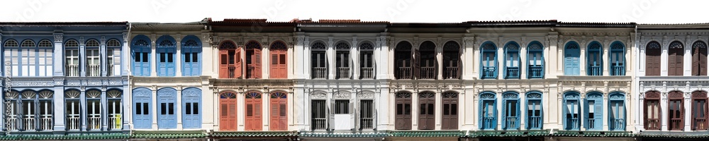 Upper floors of colonial heritage houses in Singapore isolated on white