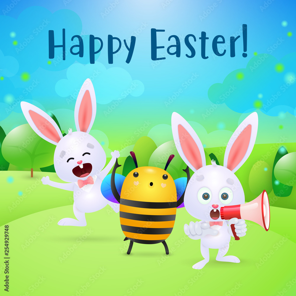 Happy Easter lettering, rabbit, megaphone, bee and chick. Easter party invitation. Typed text, calligraphy. For leaflets, brochures, invitations, posters or banners. Happy Easter lettering, rabbit, megaphone, bee and chick. Easter party invitation. Typed text, calligraphy. For leaflets, brochures, invitations, posters or banners.