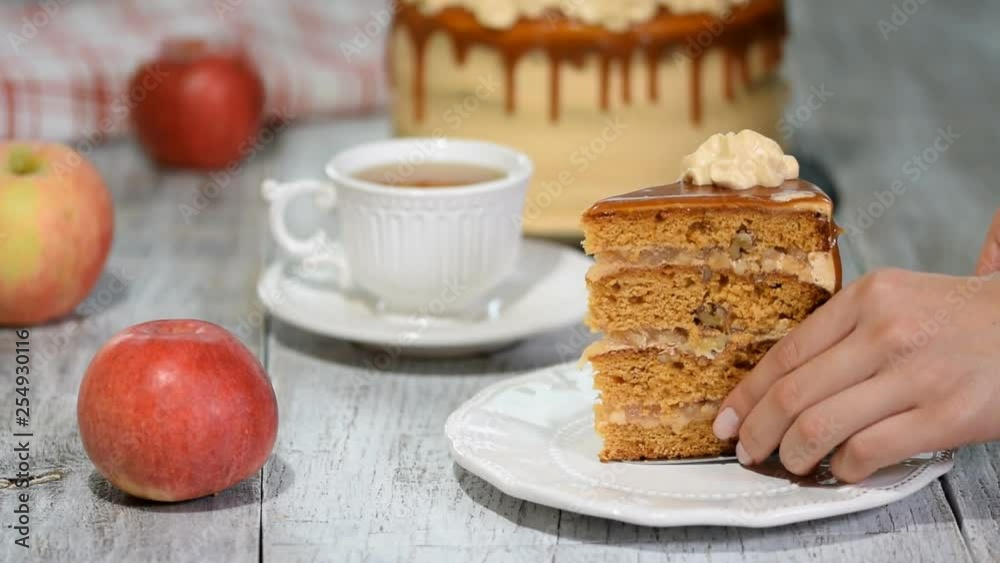 Apple cake with cream and caramel. Apple cake with cream and caramel.