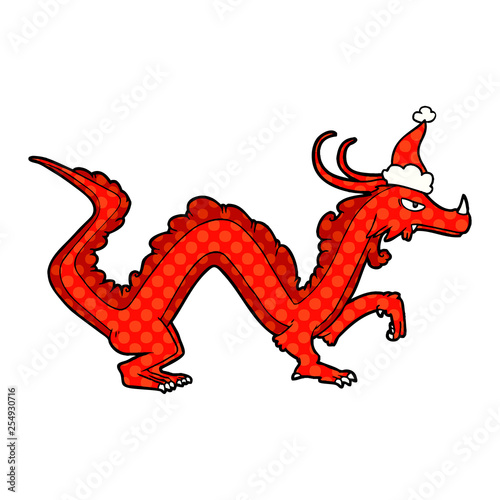 comic book style illustration of a dragon wearing santa hat