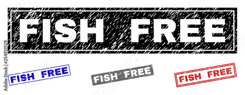 Grunge FISH FREE rectangle stamp seals isolated on a white background. Rectangular seals with grunge texture in red, blue, black and gray colors.