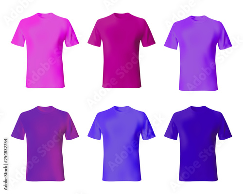 T shirt design template. Set men shirts blue, purple, pink color. Realistic mock up tshirt model male fashion.