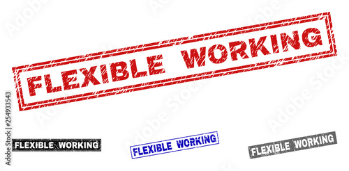 Grunge FLEXIBLE WORKING rectangle stamp seals isolated on a white background. Rectangular seals with grunge texture in red, blue, black and grey colors.