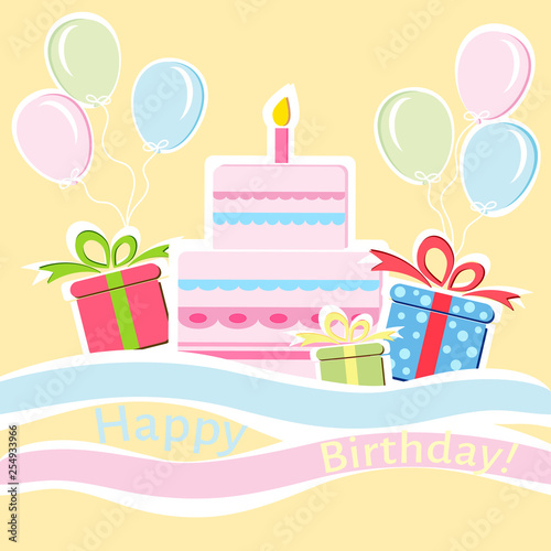 Birthday greeting card with cake and balloons. Birthday party background  vector 