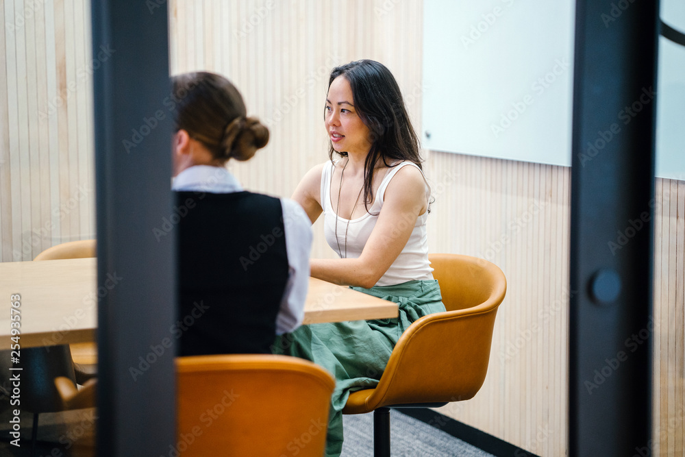 Two great ladies discussing a story inside a room. They look extraordinarily fit in their office type of clothing. Two great ladies discussing a story inside a room. They look extraordinarily fit in their office type of clothing.