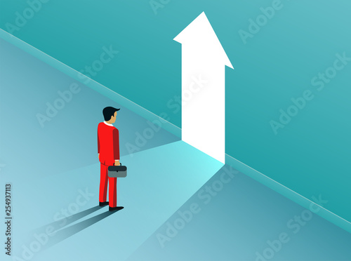 businessman standing in front of open arrow door with bright light. business finance success concept. creative idea. leadership. startup. illustration cartoon vector