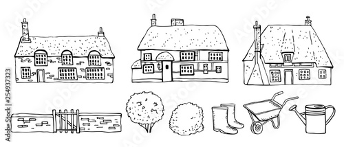 Old Europe coutryside houses, plants and tools. Vector sketch outline hand drawn illustration