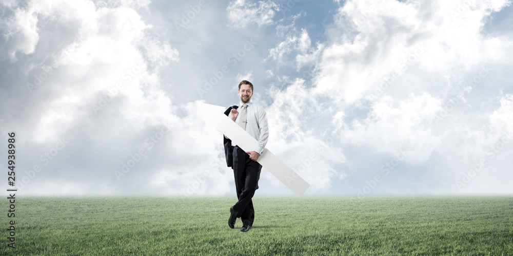 Businessman and pointing banner Businessman and pointing banner