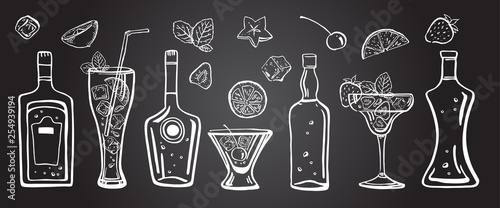 Vector outline hand drawn illustration with different alcohol bottles, cocktails, fruits and mint leaves on blackboard background