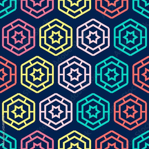 Seamless pattern with bright geometric shapes.