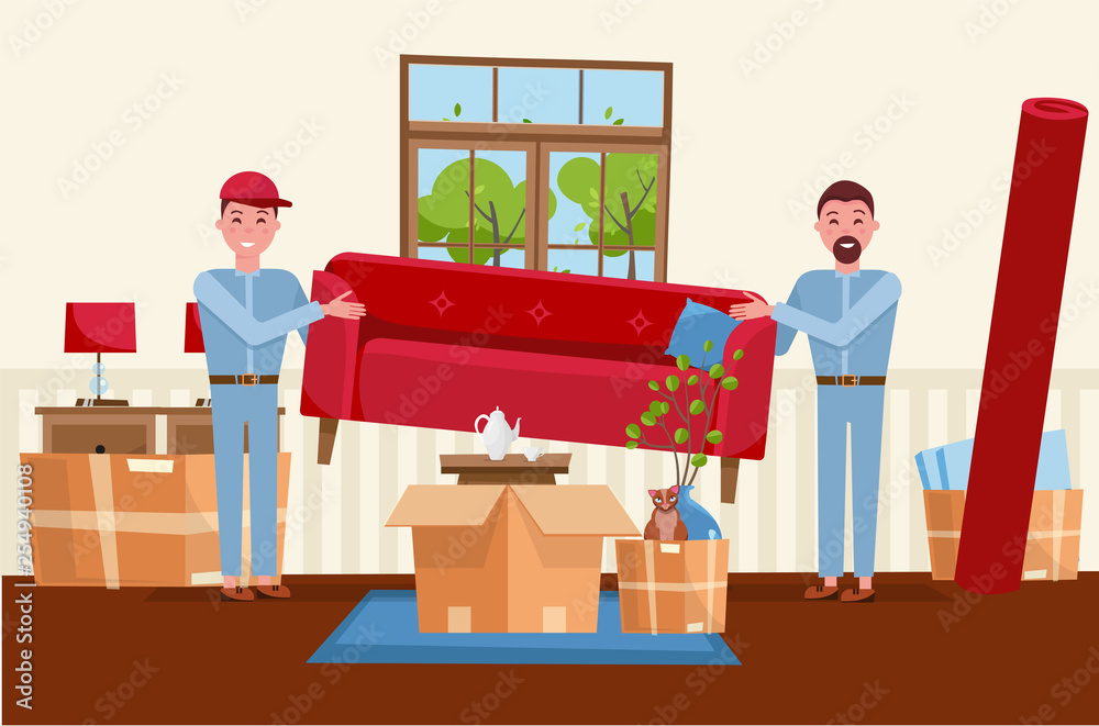Two men workers are carrying a red sofa. Moving boxes in new house. House living room interior. Pile of stacked cardboard boxes with furniture, carpet, plants, cat. Vector flat cartoon illustration Two men workers are carrying a red sofa. Moving boxes in new house. House living room interior. Pile of stacked cardboard boxes with furniture, carpet, plants, cat. Vector flat cartoon illustration