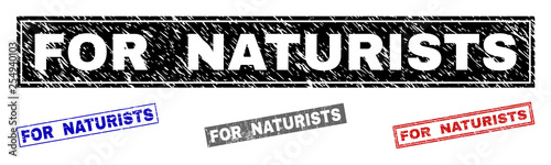 Grunge FOR NATURISTS rectangle stamp seals isolated on a white background. Rectangular seals with grunge texture in red, blue, black and gray colors.