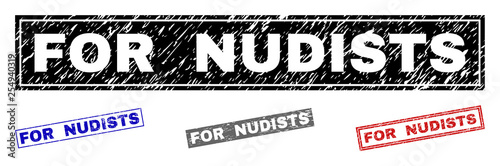 Grunge FOR NUDISTS rectangle stamp seals isolated on a white background. Rectangular seals with grunge texture in red, blue, black and grey colors.