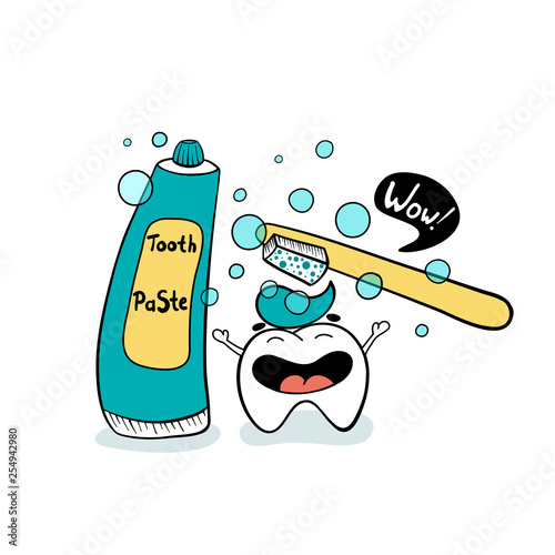 Happy cartoon tooth with toothpaste, toothbrush and bubbles. Cute vector illustration. Dental care concept.