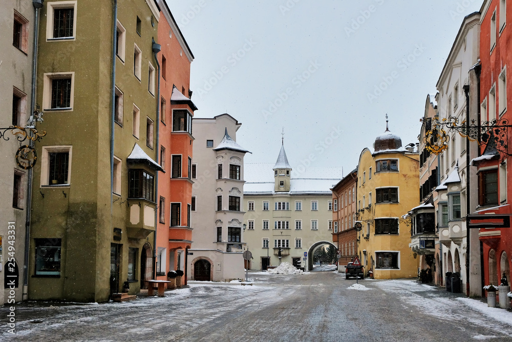Rattenberg, Austria - january 2018: Snowy day. View of the picturesque town of Rattenberg in Austrian state of Tyrol near Innsbruck. It is the smallest town in the country.