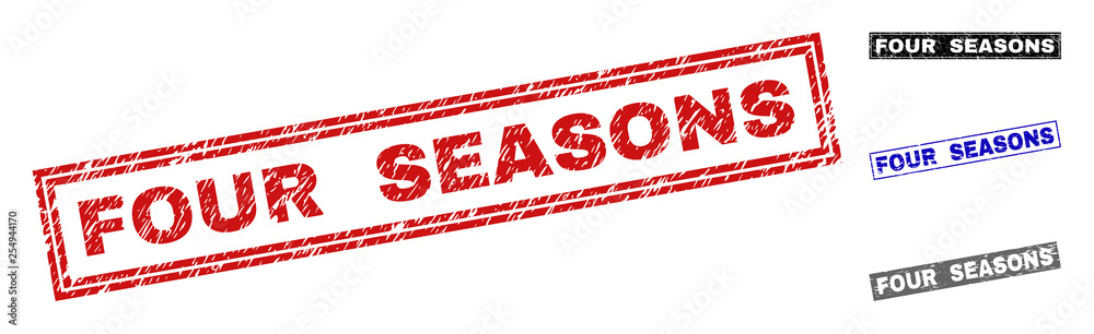 Grunge FOUR SEASONS rectangle stamp seals isolated on a white background. Rectangular seals with grunge texture in red, blue, black and grey colors. Grunge FOUR SEASONS rectangle stamp seals isolated on a white background. Rectangular seals with grunge texture in red, blue, black and grey colors.