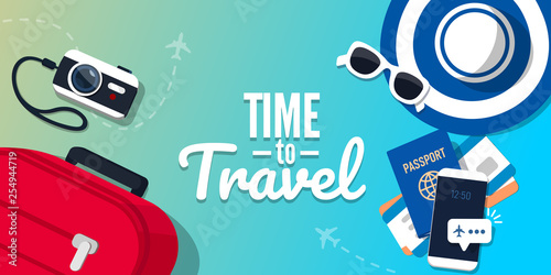Concept of travelling with the text. Vector illustration in flat style. Suitcase, ticket, hat, sunglasses on a blue background.
