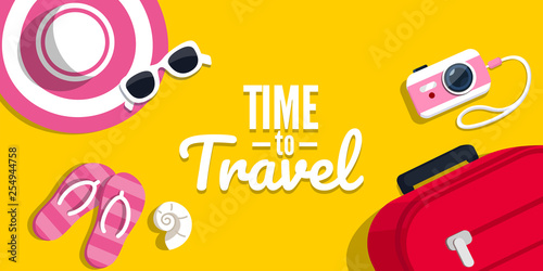 Concept of travelling with the text. Vector illustration in flat style. Suitcase, ticket, hat, sunglasses on a yellow background.