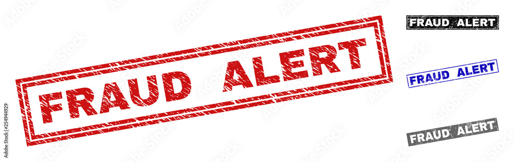 Grunge FRAUD ALERT rectangle stamp seals isolated on a white background. Rectangular seals with distress texture in red, blue, black and gray colors. Grunge FRAUD ALERT rectangle stamp seals isolated on a white background. Rectangular seals with distress texture in red, blue, black and gray colors.