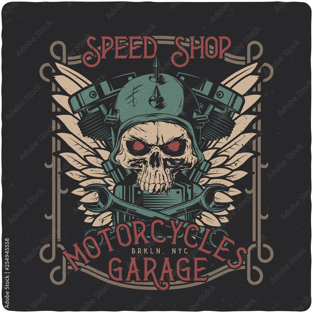 Hand drawn illustration of a biker skull and motorcycle parts. T-shirt or poster illustration with text composition.