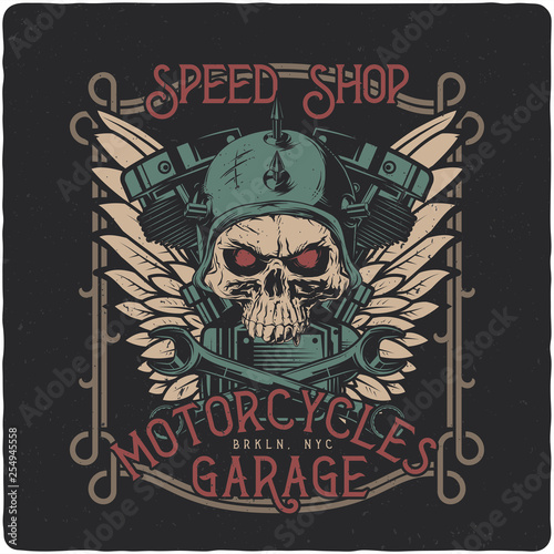 Hand drawn illustration of a biker skull and motorcycle parts. T-shirt or poster illustration with text composition.
