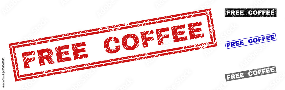 Grunge FREE COFFEE rectangle stamp seals isolated on a white background. Rectangular seals with grunge texture in red, blue, black and gray colors. Grunge FREE COFFEE rectangle stamp seals isolated on a white background. Rectangular seals with grunge texture in red, blue, black and gray colors.