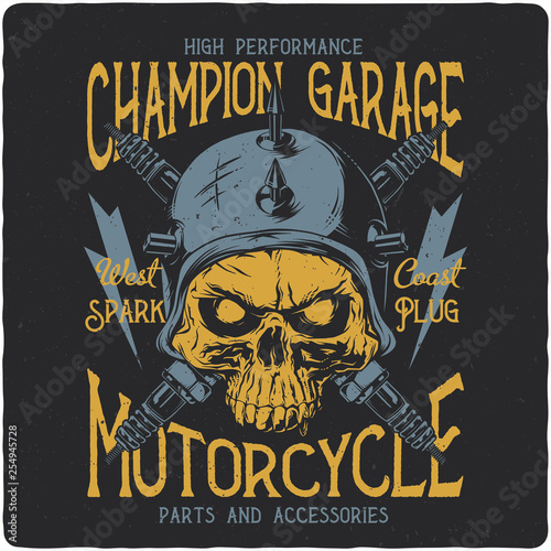 Hand drawn illustration of a biker skull and motorcycle parts. T-shirt or poster illustration with text composition.