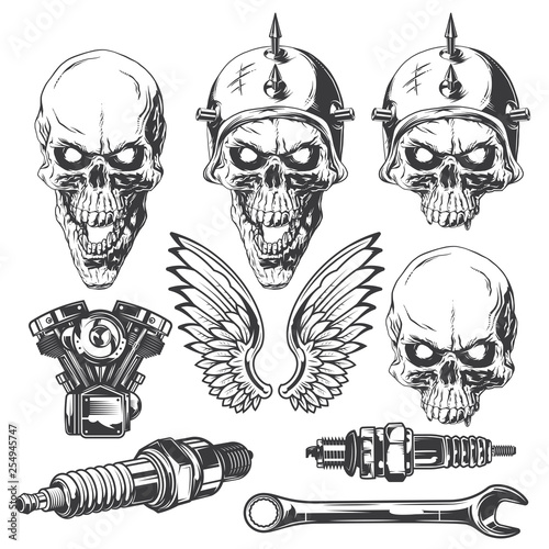 Hand drawn illustrations of a biker skulls, motorcycle engine, wrench, spark plugs and wings. Isolated on white background.