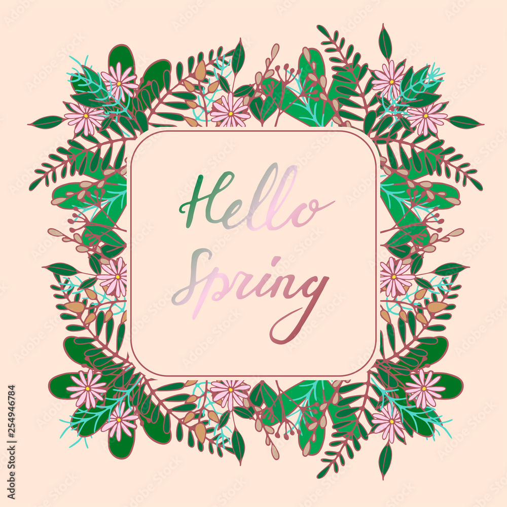 Handdrawn Floral frame with greeting Hello Spring