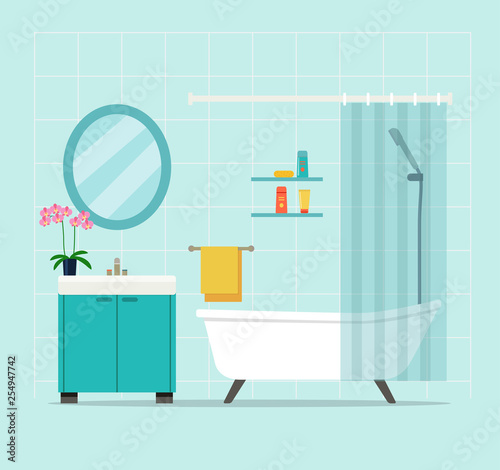 Modern bathroom interior with orchid. Flat vector illustration