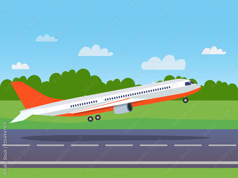 Passenger Plane takes off on the runway. Vector flat style ilustration