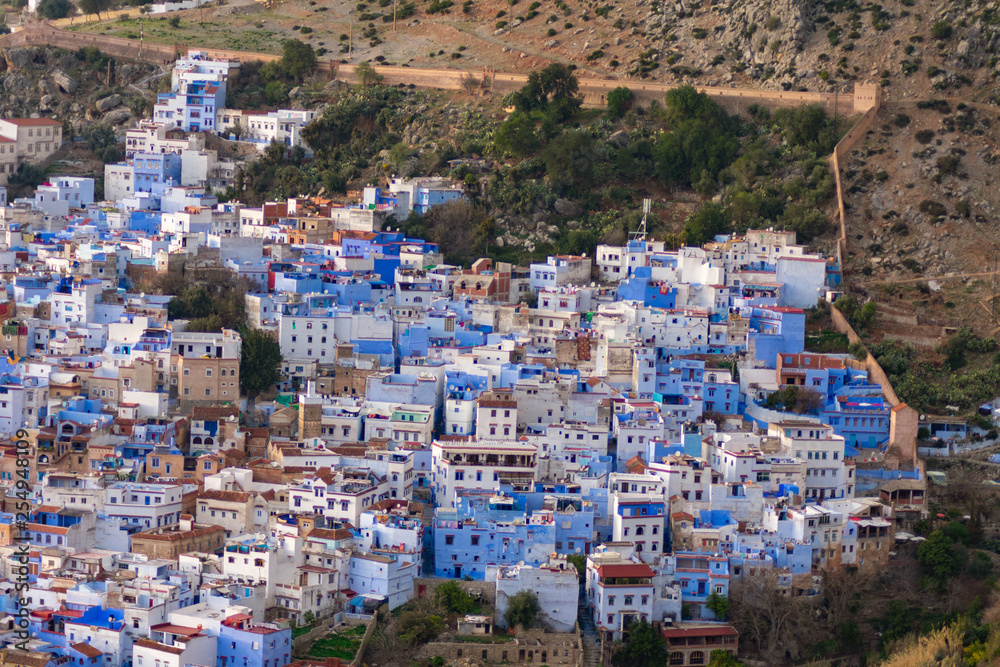 Skyline of Chefchaouen Morocco surrounded by the Old City Walls
