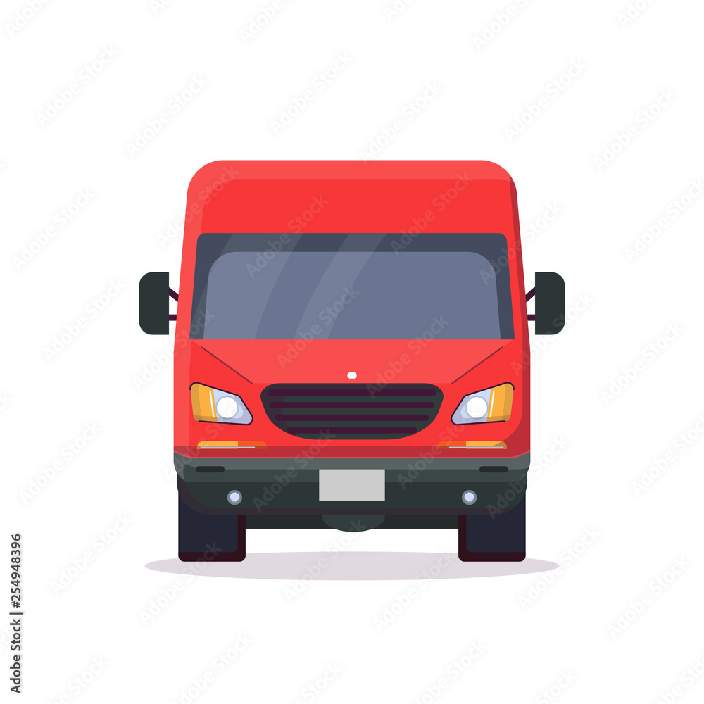 Front view of red delivery truck. Flat style vector illustration. Vehicle and transport banner. Delivery and shipping service banner. Minivan transportation concept. Freight business. Front view of red delivery truck. Flat style vector illustration. Vehicle and transport banner. Delivery and shipping service banner. Minivan transportation concept. Freight business.
