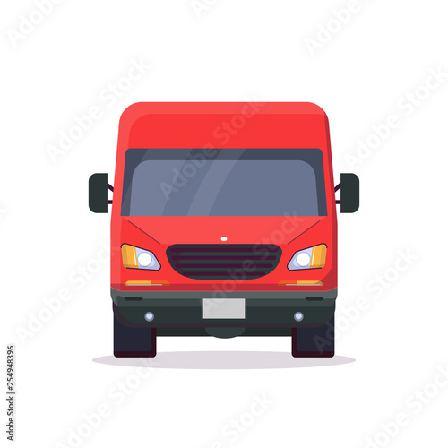 Front view of red delivery truck. Flat style vector illustration. Vehicle and transport banner. Delivery and shipping service banner. Minivan transportation concept. Freight business.