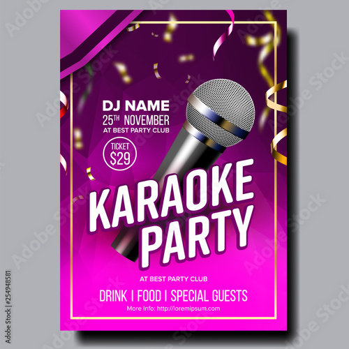 Karaoke Poster Vector. Broadcast Object. Karaoke Music Night Style. Colorful Instrument. Realistic Illustration