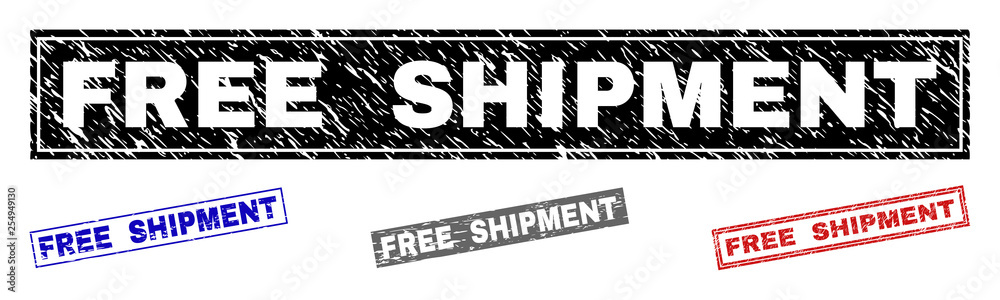 Obraz premium Grunge FREE SHIPMENT rectangle stamp seals isolated on a white background. Rectangular seals with grunge texture in red, blue, black and grey colors.