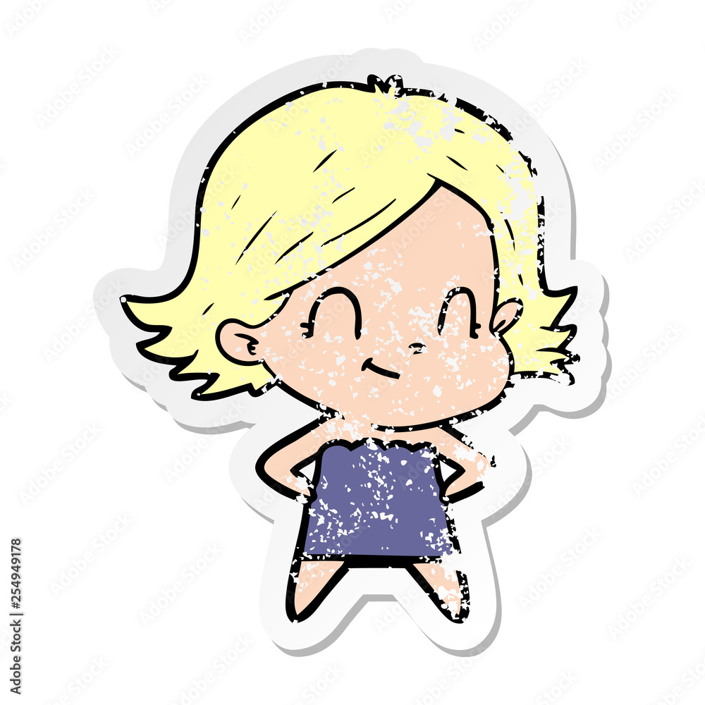 distressed sticker of a cartoon friendly girl distressed sticker of a cartoon friendly girl