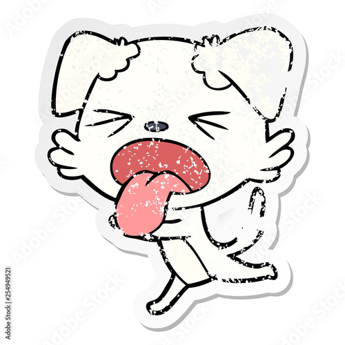 distressed sticker of a cartoon panting dog