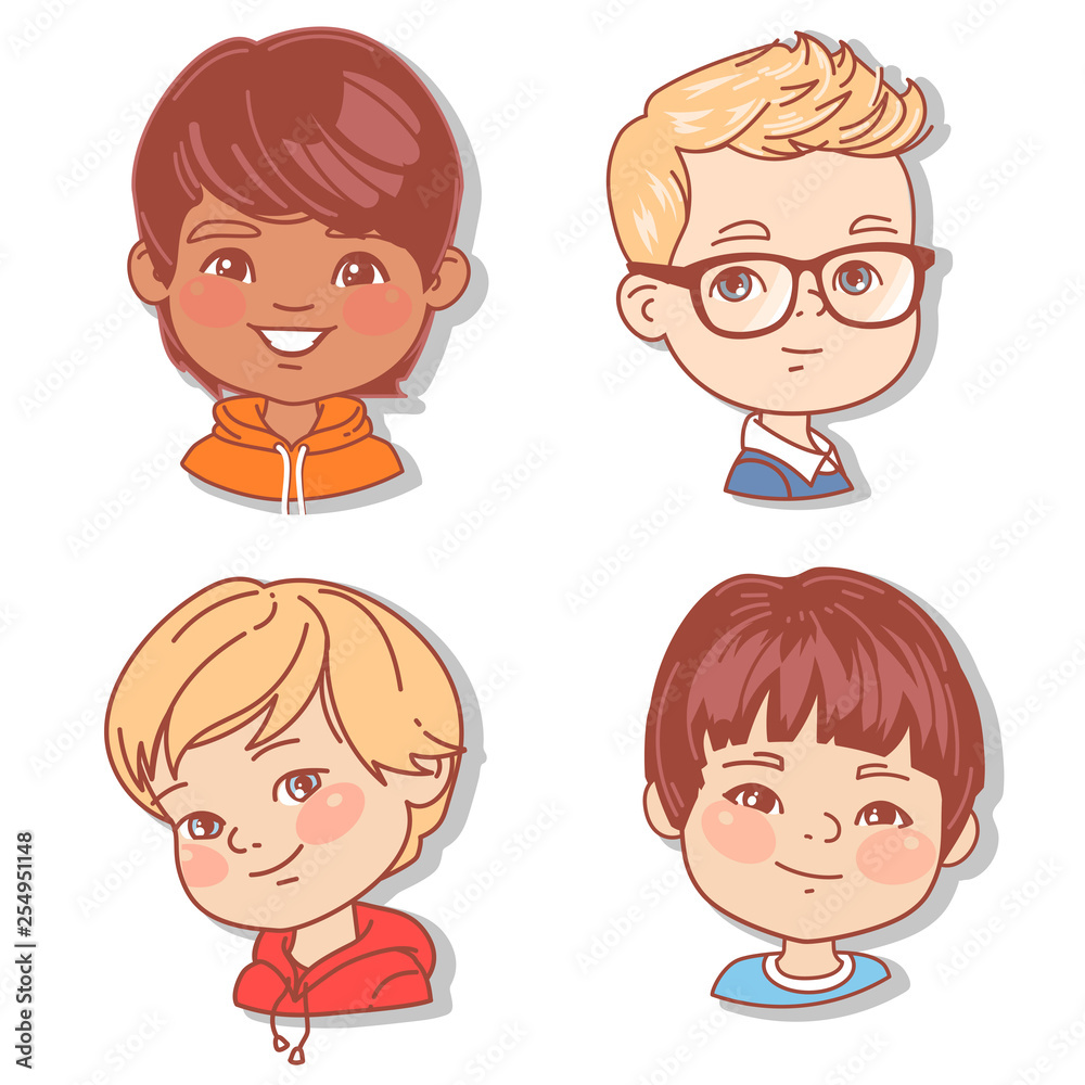Set with boy's faces. Userpics for blog. Avatar collection of boy faces. Vector illustration of different kids portraits in circle. Various color of hair, eyes, skin, nation. Vector illustration. Set with boy's faces. Userpics for blog. Avatar collection of boy faces. Vector illustration of different kids portraits in circle. Various color of hair, eyes, skin, nation. Vector illustration.