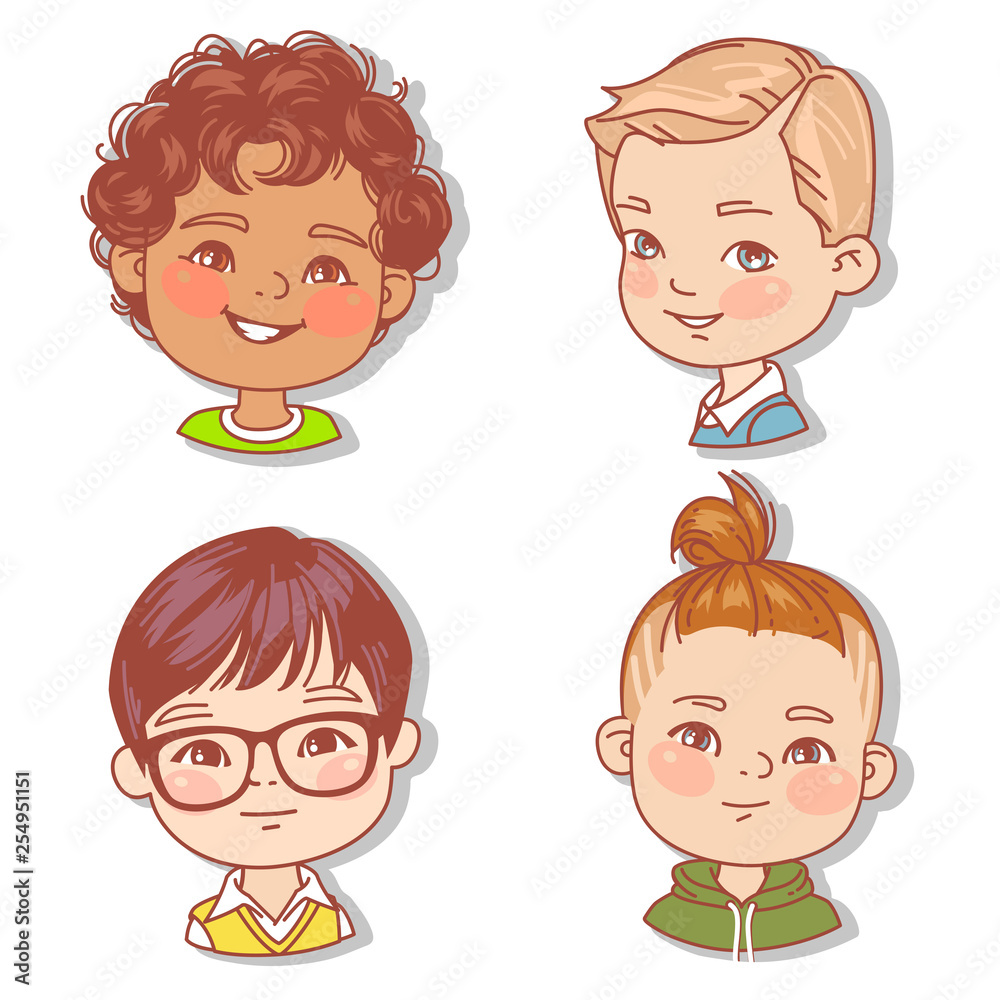 Set with boy's faces. Userpics for blog. Avatar collection of boy faces. Vector illustration of different kids portraits in circle. Various color of hair, eyes, skin, nation. Vector illustration. Set with boy's faces. Userpics for blog. Avatar collection of boy faces. Vector illustration of different kids portraits in circle. Various color of hair, eyes, skin, nation. Vector illustration.