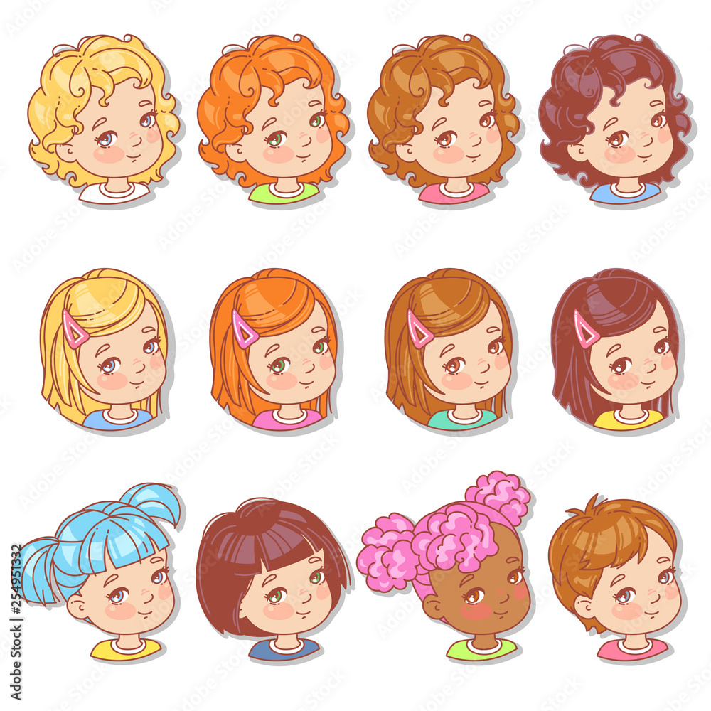 Set with girl's faces. User pics for blog. Avatar collection of cute kids. Vector illustration of different children's portraits, arranged in circle. Various color of hair, eyes. Vector illustration. Set with girl's faces. User pics for blog. Avatar collection of cute kids. Vector illustration of different children's portraits, arranged in circle. Various color of hair, eyes. Vector illustration.