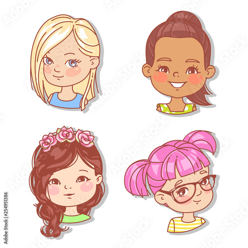 Set with girl's faces. Userpics for blog. Avatar collection of woman faces. Vector illustration of different  girl portraits in circle. Various color of hair, eyes, skin. Vector illustration.