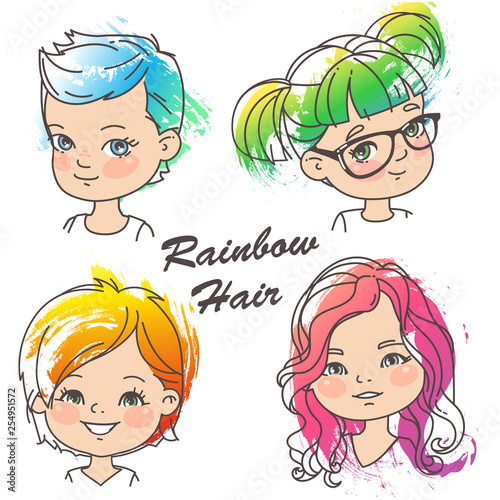 Young girl portraits with bright hair. Different hairstyles of bright rainbow color.Grunge color splash, pencil strokes. Woman haircut set. Beautiful women. Children models. Vector illustration.