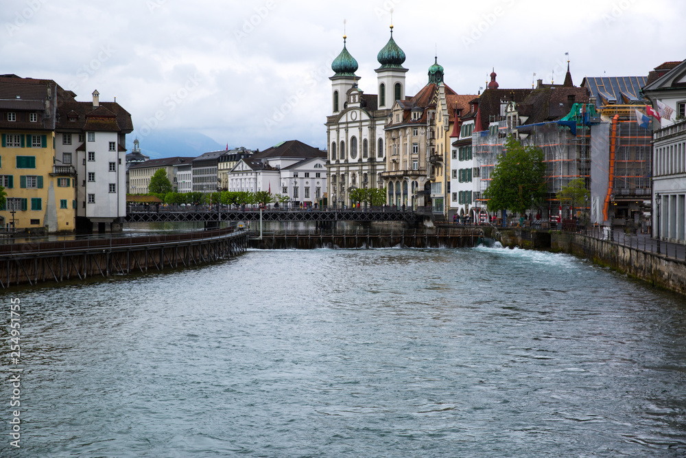 Lucerne catholic church, Panorama view to Lucerne lake and old architecture. 